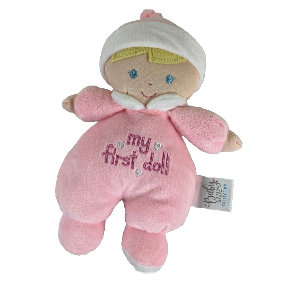 Baby GANZ My First Doll Pink Rattle Night Cap Embroider Blue Eyes Girl Plush 10”
